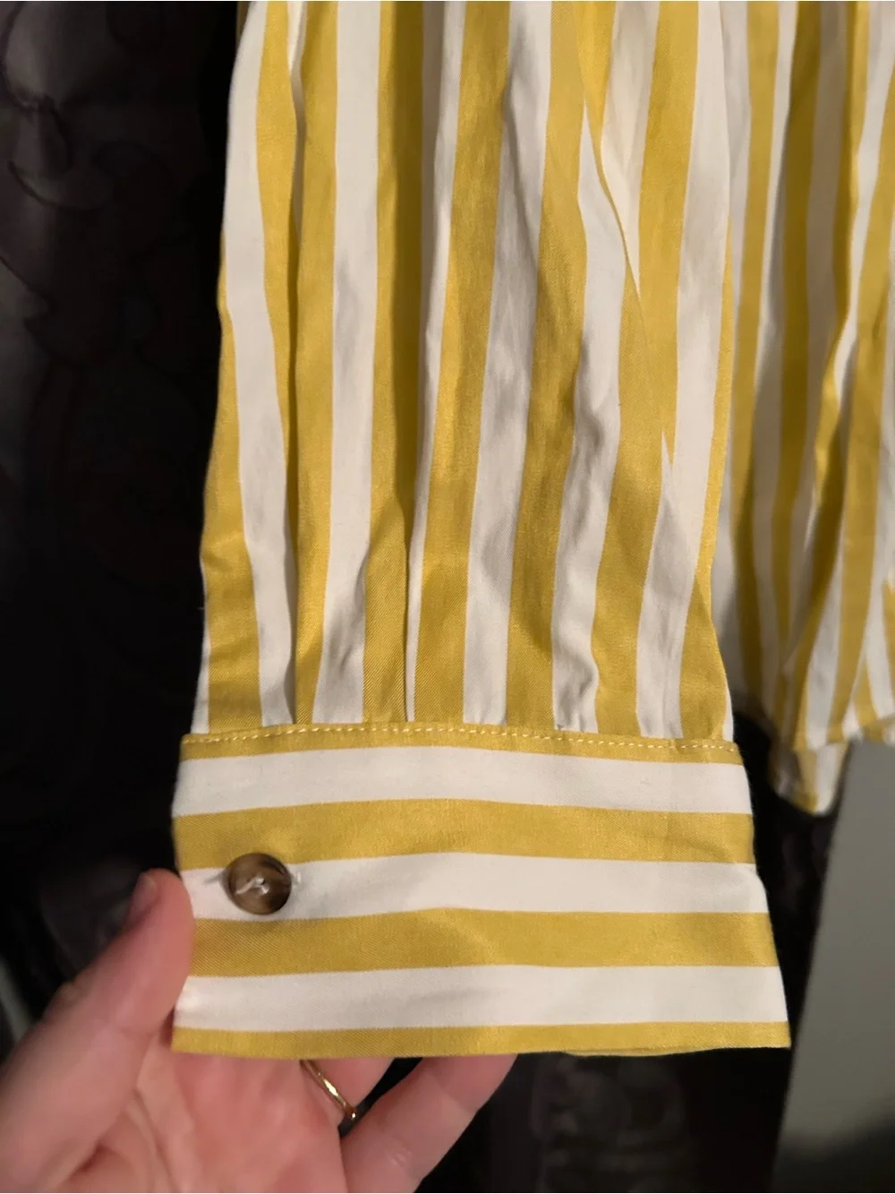 Woman’s Yellow & White Stripe Button-Up Shirt